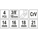 Llave socket para bujías giratorias. Juego 4 pzas 14- 16- 18- 21mm