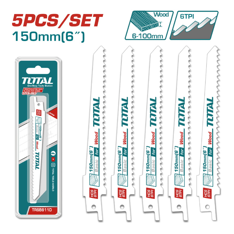 Hojas Sierra Sable Reciproca para Madera. 6 dientes por pulgada. Set de 5 hojas.