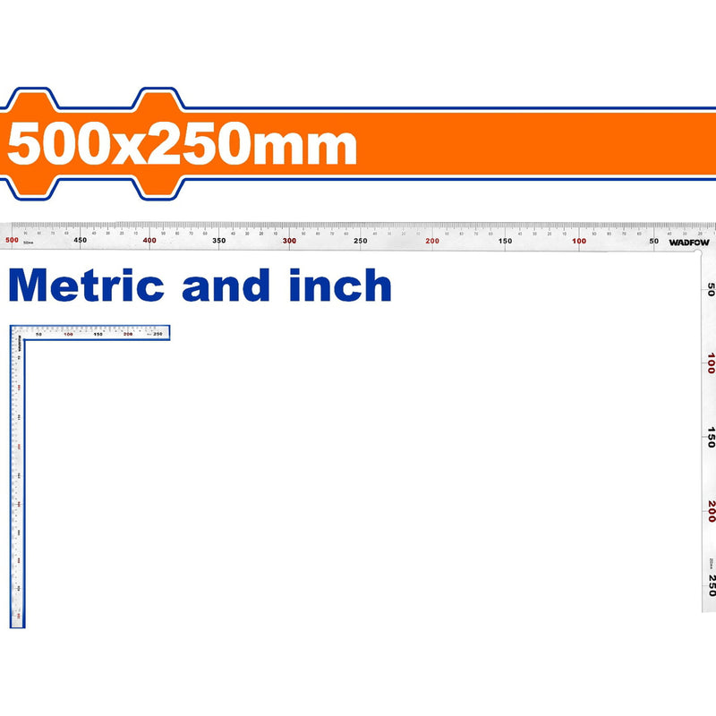 Escuadra Angular de Acero Inoxidable de 500x250mm(20"x10"). Mide metros y pulgadas.