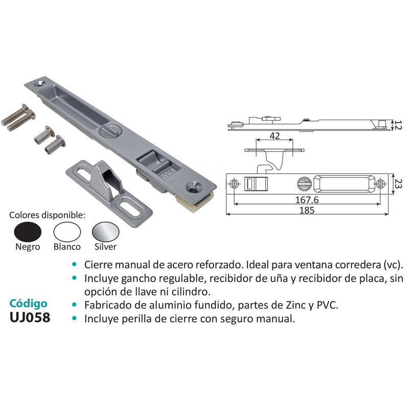 Cierre Embutido Manual para Ventana y Puerta Corredera. Aleacion de Zinc. Incluye Recibidor y Gancho