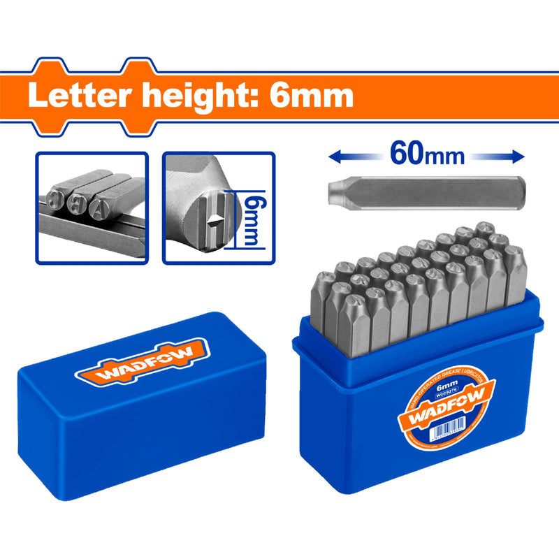 Cinceles de letras Set 27 pzas. Altura de letra: 6mm. Long: 60mm. Ponchador de letras