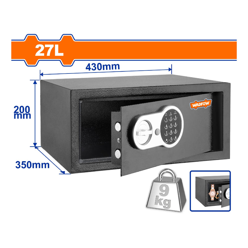 Caja fuerte de seguridad eléctrónica 27L. 200 x 430 x 350mm. Registra 3 a 8 dígitos.