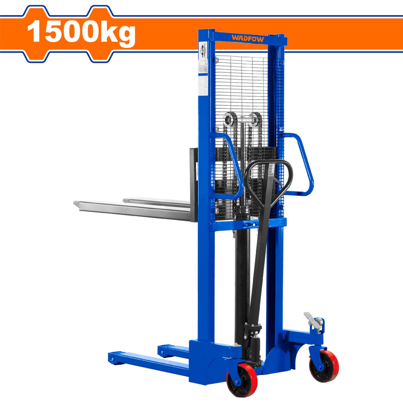 Montacargas Apilador jack pallet manual carretilla elevadora Manual 1500Kg. Alt. Min\Max: 85mm-1600mm. Con pedal y protección para los pies.