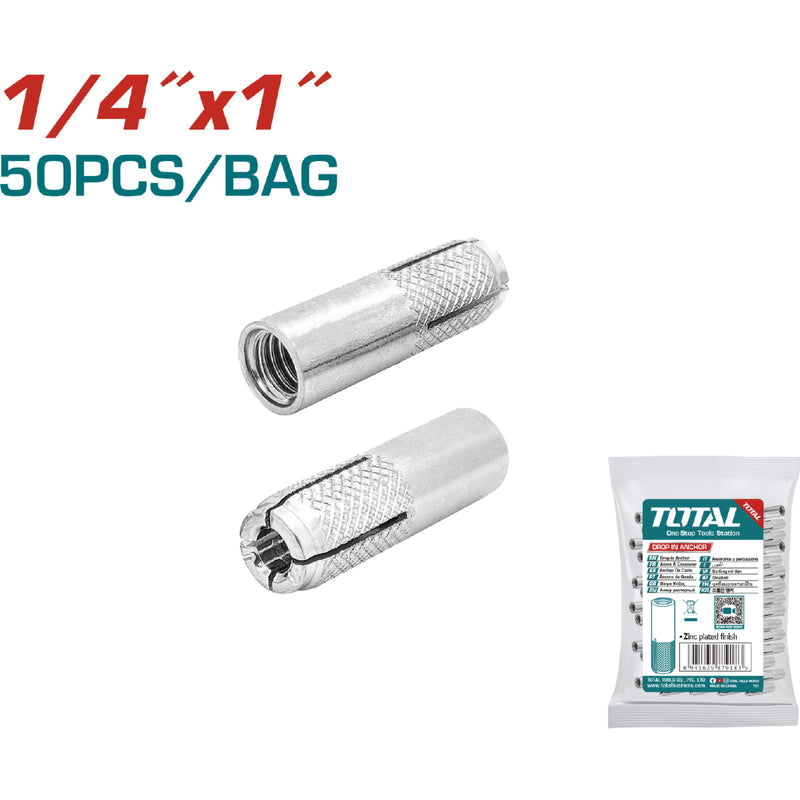 Taco Anclaje Drop-in 1/4"x1" (50 pzs). Acero al carbono. Acabado Zincado.