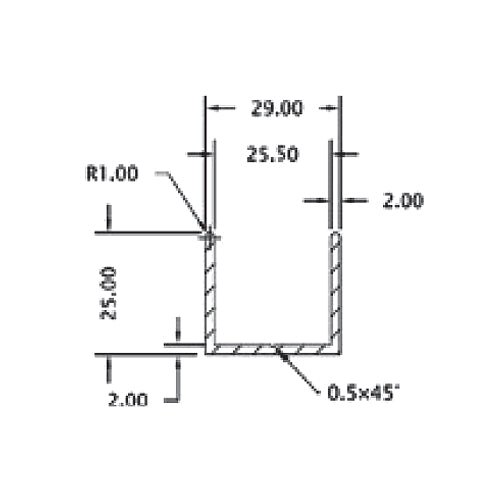 Uchanel alum. 25 mm glass. 3 mts largo. acabado Brillante.  (D1G003.9 -G003.10)