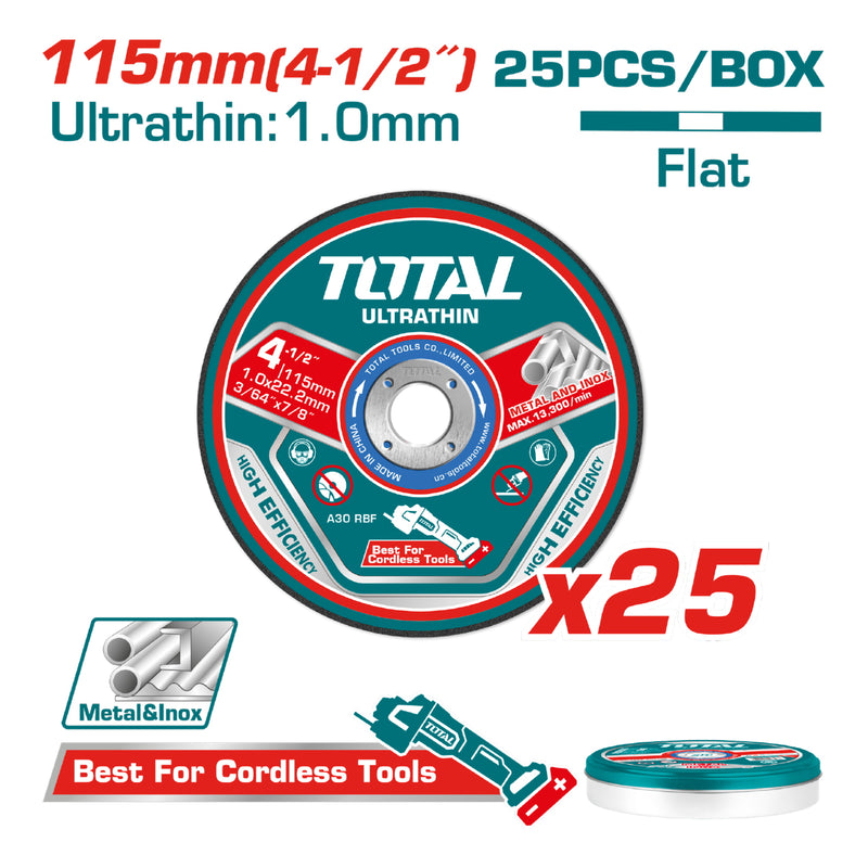 Discos de corte de metal ultrafino 4 1/2" x 3/64" x 7/8" Centro Plano. Set 25 pzas.