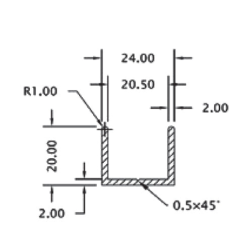 Uchanel alum. 20 mm glass. 3 mts largo. acabado Brillante.  (D1G001.20 -G003.7 -G003.8)