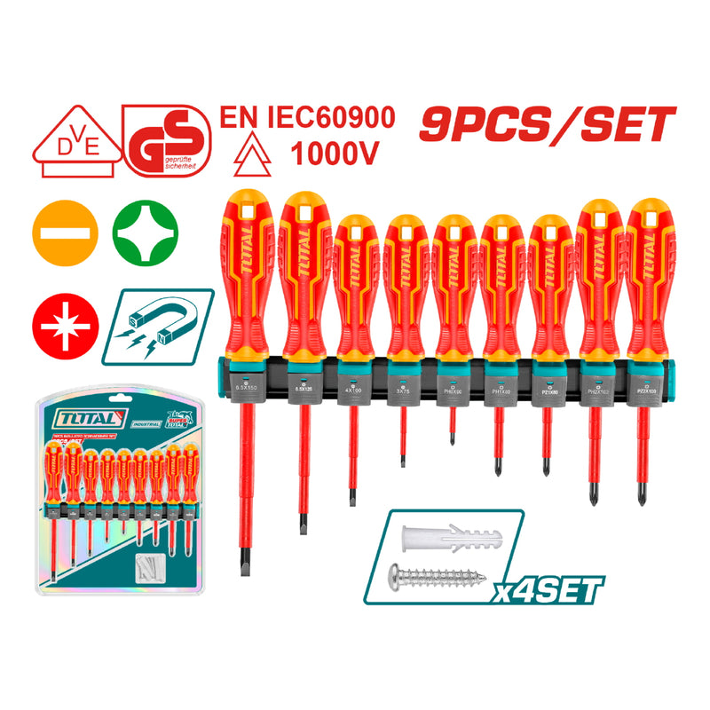 Destornilladores Aislados 1000V Mango ergonómico. Magnético. Punta redonda. Set de 9 piezas. Para electricista