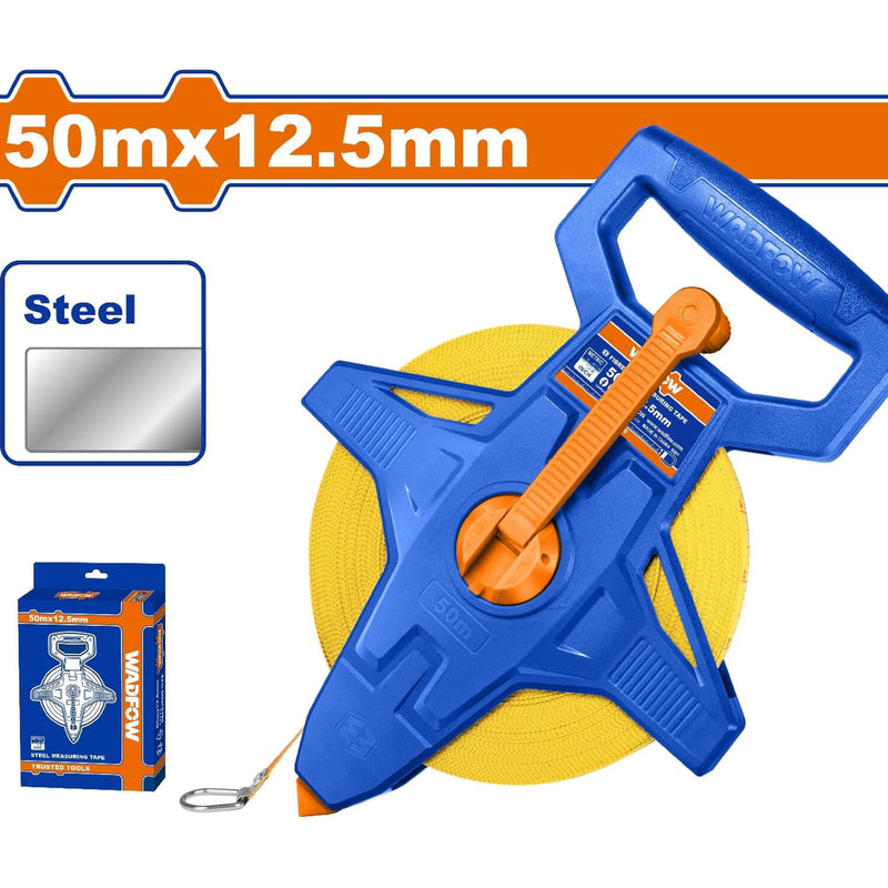 Cinta métrica de Acero (Métrico/Pulgada). 50mx12.5mm. Engranaje retráctil. Mango integrado.