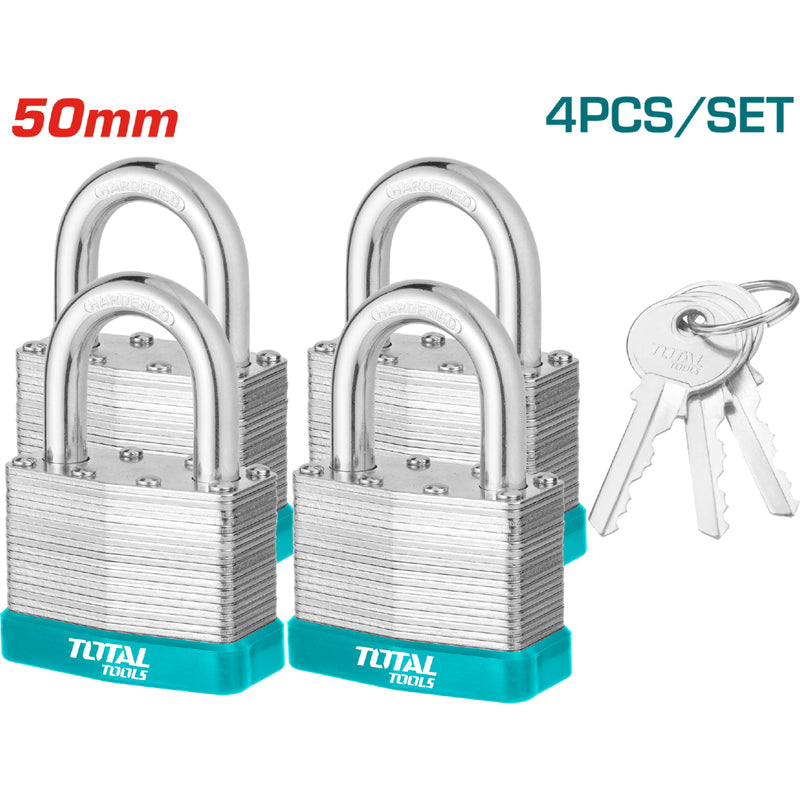 Candados laminados cortos 50mm. Set de 4 Carcasa ABS. Cilindro de latón. Incluye 4 llaves.