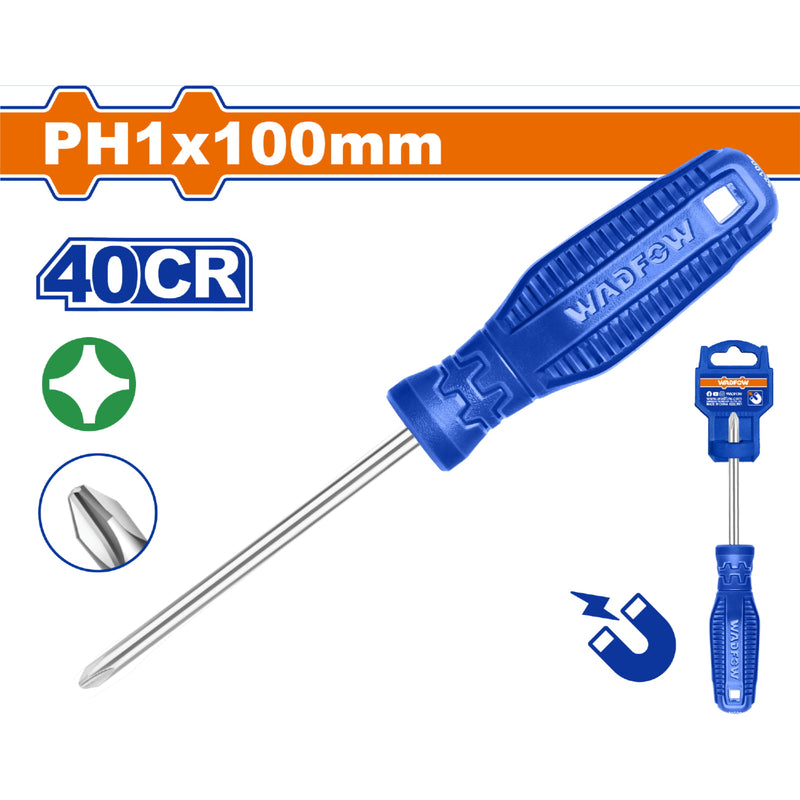 Destornillador Phillips 5x100mm PH1 Vástago Redondo 40CR Magnético.