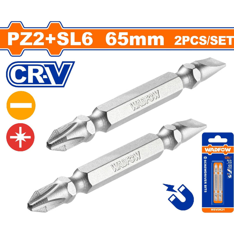 Puntas de destornillador PZ2+SL6 65mm.CR-V. Set 2 pzas. Punta magnética. Tipo Pozidrive y Plano.