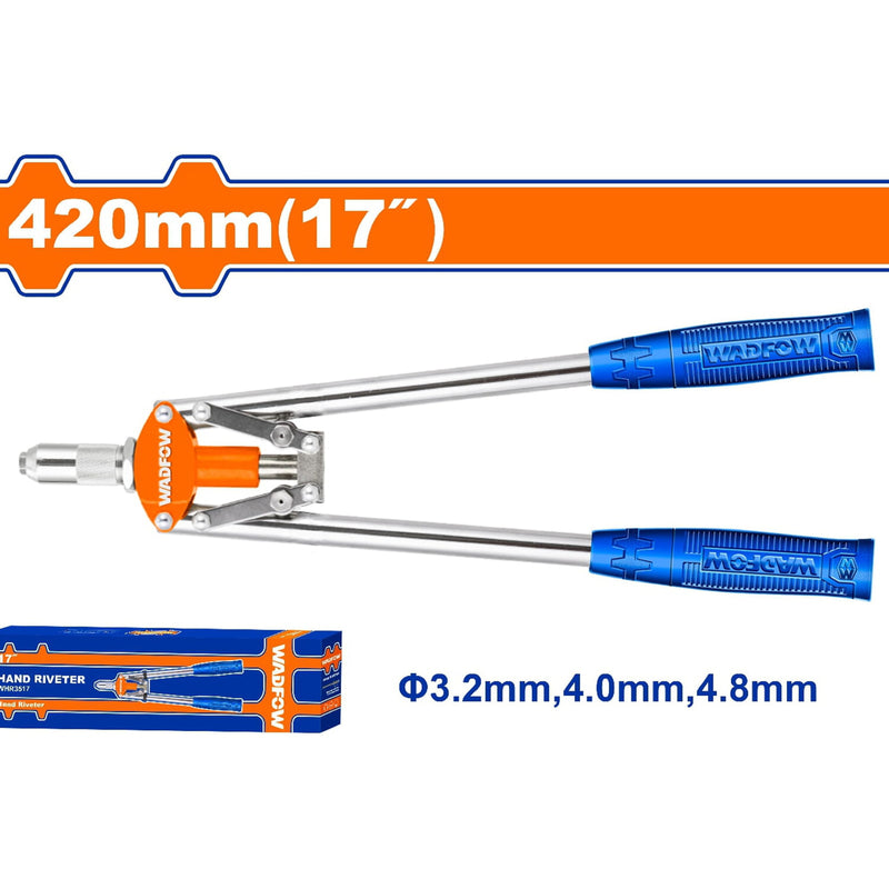 Remachadora 17"  Para remaches: 3.2mm, 4mm, 4.8mm. Acero y aluminio. Mango ergonómico.