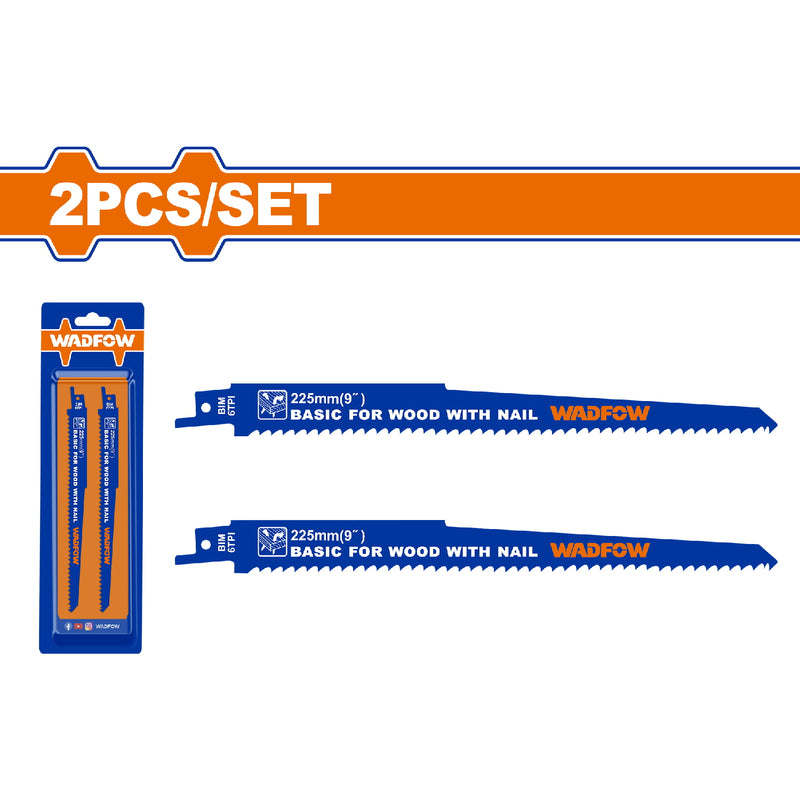 Hojas de sierra sable para madera con clavo. 225mm(9") 6TPI. Set de 2 piezas.