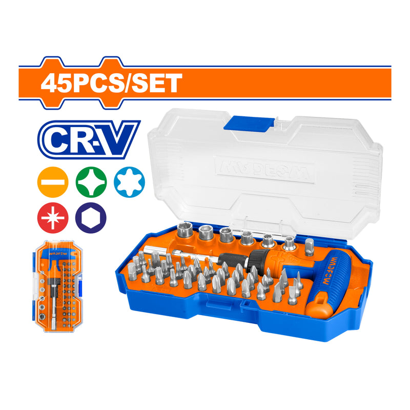 Portapuntas para Llave de Impacto en T. 45 piezas. Cr-V. Incluye: Puntas, adaptador y mango