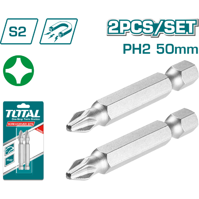 Puntas de destornillador Estrella PH2. (Set 2 piezas,50 mm,S2).Punta magnética.