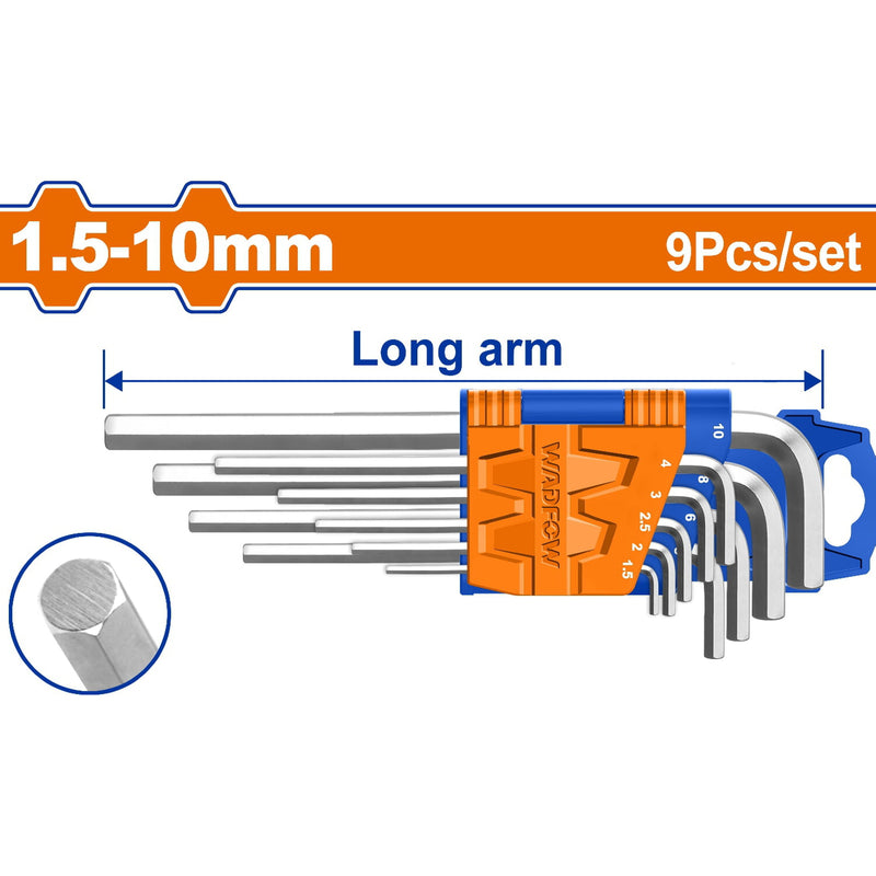 Llaves allen Hexagonales de brazo largo de 9 pzs. Medidas: 1.5-10mm. Cr-V (Juego)
