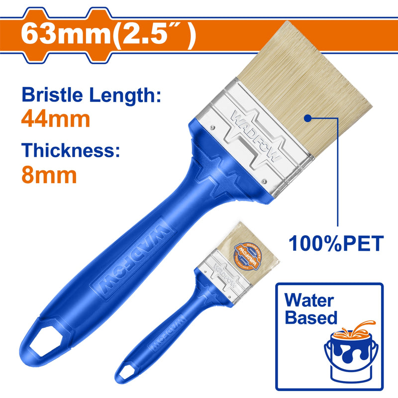Brocha para pintar 63mm(2.5"). Cerdas 100% PET. Pintura a base de agua. Long: 44mm. Grosor: 8mm.