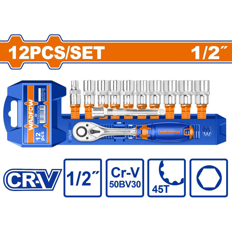 Dados socket ratchet 1/2" 12 pzs. CR-V. 45 dientes. (Incluye: socket, barra de extensión) Cromado (Set)