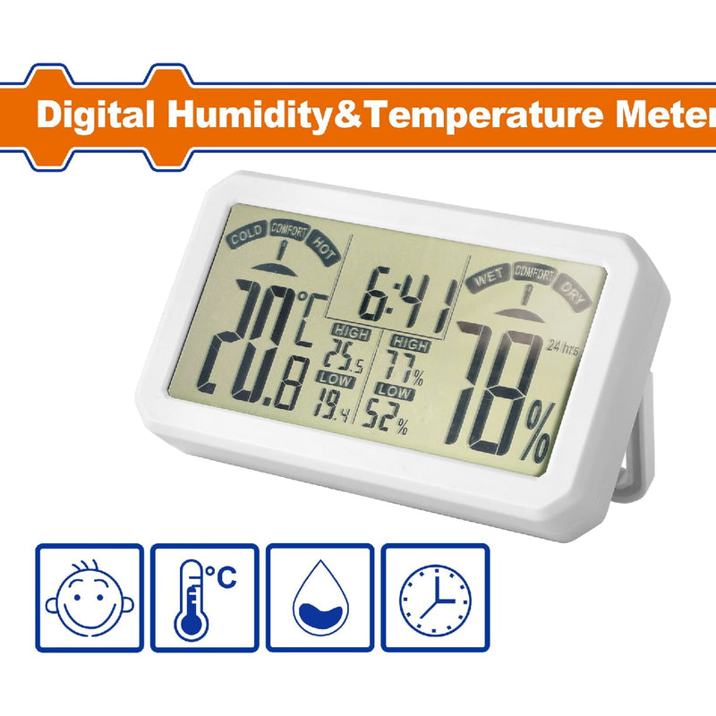 Medidor digital de humedad y temperatura. Función de batería más baja. Visualización de la hora.