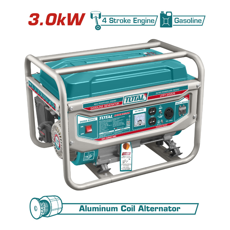 Generador gasolina Total 110V-220V 60Hz 7.0 HP. 3000 W (RPM):3600. inicio de cuerda. Motor de 4 tiem