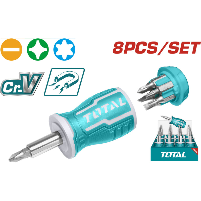 Destornillador Stubby 8 pzs. (Mango ergonómico. 25 mm. SL5,SL6,PH0,PH1,PH2,T10,T20)
