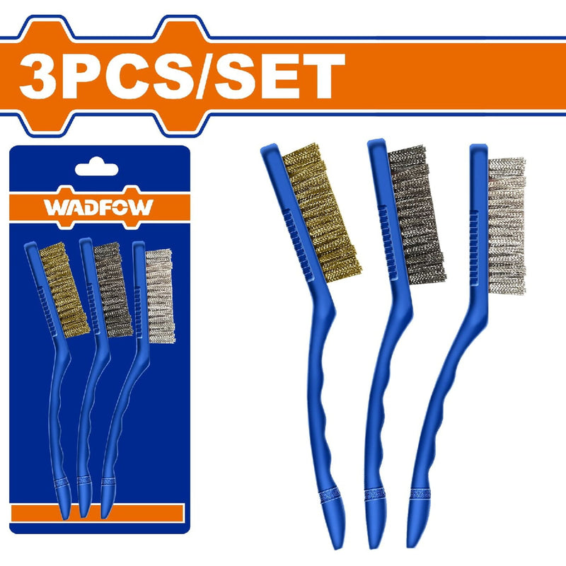 Cepillos de alambre abrasivos 9". 3 piezas. Con mango de plástico. (Tipo: Nylon, Latón y Cerdas).