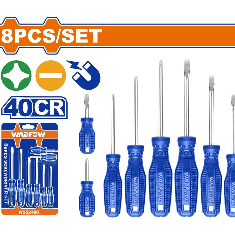 Destornilladores Punta plana y Punta estrella Mango redondo. 40CR. Magnético (Juego de 8 pzs)
