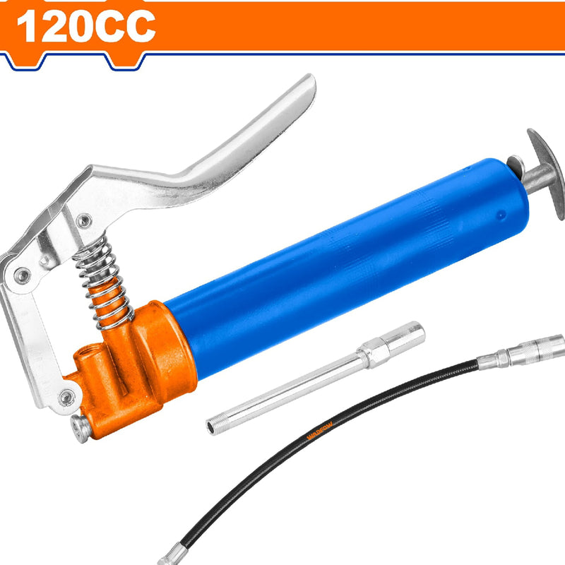 Pistola de grasa 120cc. Presión: 2500-4500psi. Incluye accesorios (manguera y pico metálico)