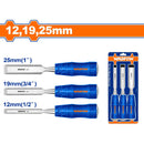 Cinceles de madera 12,19,25mm. Mango ergonómico. Acero al Carbono. Long. 105mm (3pzs. Set)