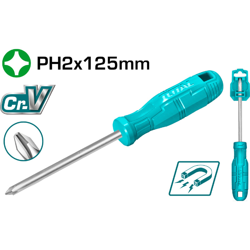 Destornillador Phillips 40 Cr, PH2, mango redondo. Diámetro: 6 mm. Longitud: 125 mm.