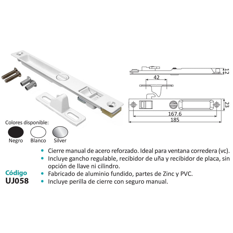 Cierre Embutido Manual para Ventana y Puerta Corredera. Aleacion de Zinc. Incluye Recibidor y Gancho