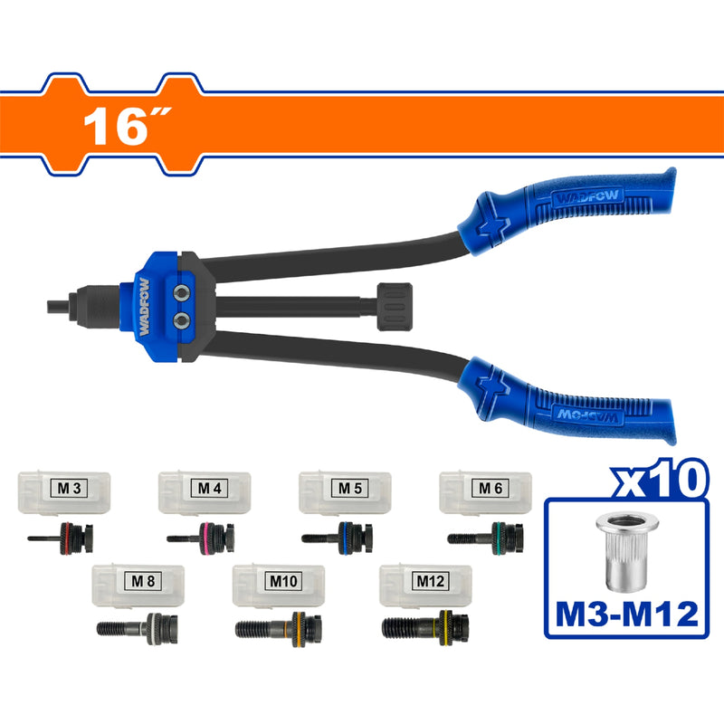 Remachadora de tuercas de 16" con mandriles y tuercas. Se vende en Kit. Remaches roscados