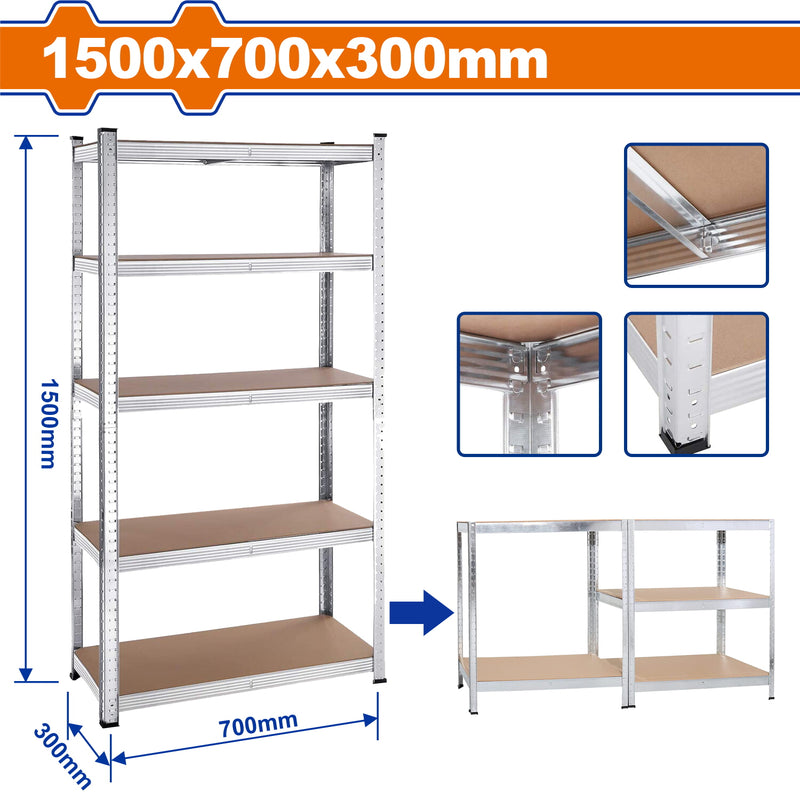 Estanteria de almacenamiento ajustables 5 niveles. 1500x700x300mm. Capac carga: 175Kg. Acero y MDF.