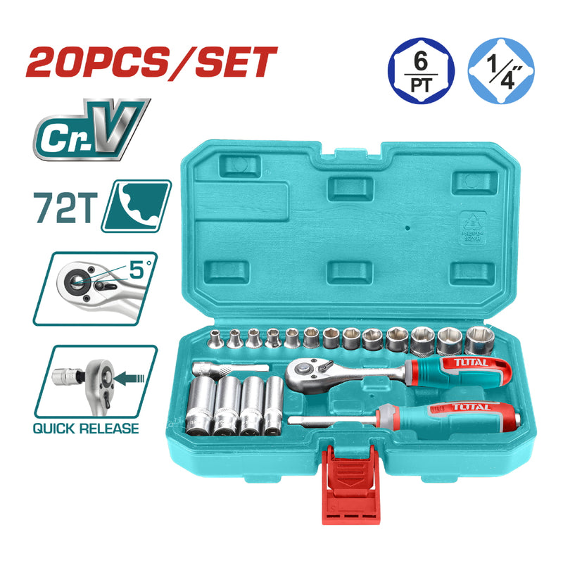 Dados Socket de 1/4" con ratchet Cr.V 4-14mm Set de 20 piezas. Tratamiento térmico.