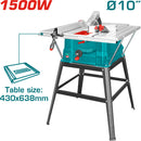 Sierra de mesa 1500W 4500rpm. 10"x5/8" Mesa 16-59/64"x25-8/64". 110-120V~60Hz. Rango: 0°-45°