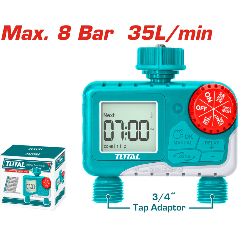 Temporizador de riego automático 2 salidas 3/4" 116PSI. De baterías AA