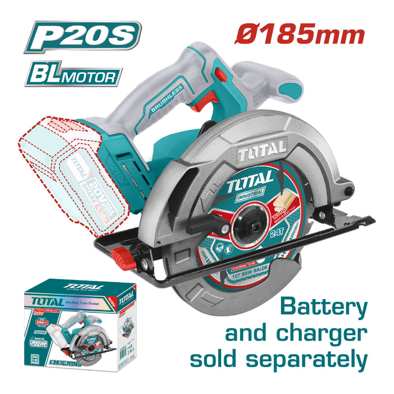 Sierra Circular 20V 7 1/4" 185mm. Motor sin escobillas. 4800rpm. Batería y cargador por separado.