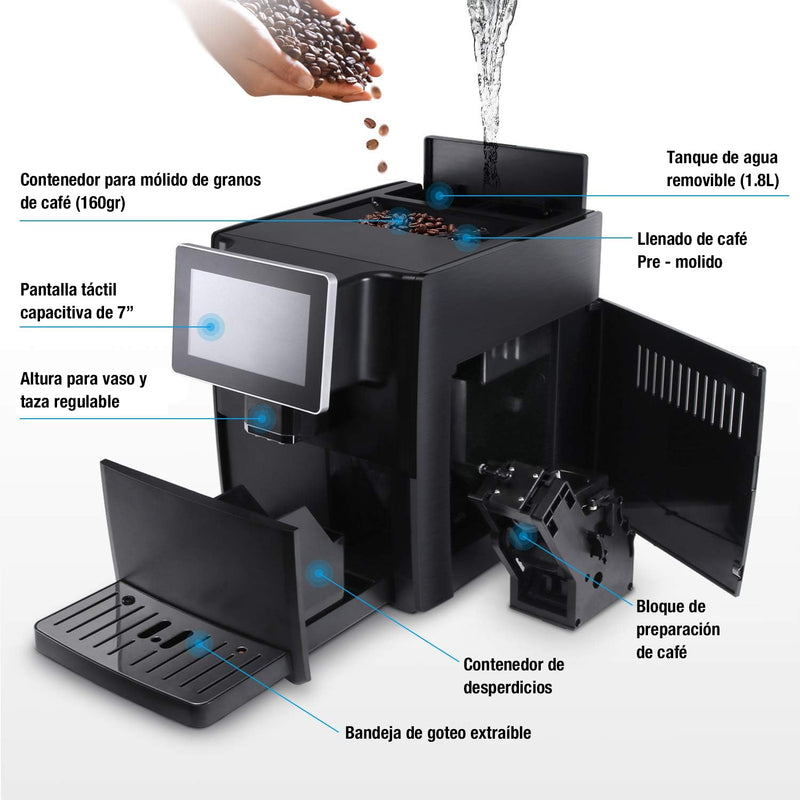 Máquina de Cafe Automática Granos y polvo 19 Bar Pantalla táctil 7" contenedor de leche expreso capuchino latte machiato