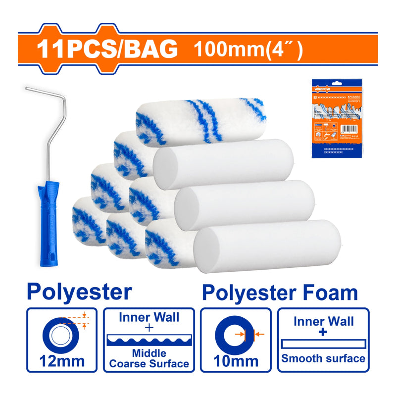 Rodillos para pintar 4"  Espuma y Poliéster.11 pzas. Ideal en interiores. Incluye Mango.