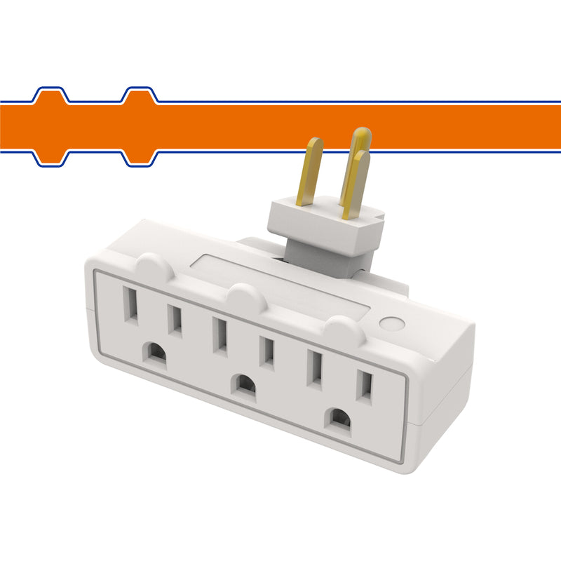 Adaptador tomacorriente con 3 salidas conexión a tierra 15A. 110V 60HZ 1875W. Certificado UL.