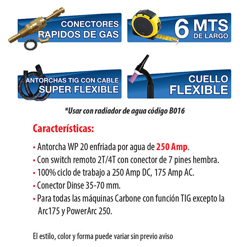 Antorcha Tig WP20 w/cool cabeza flex c/Swich rem.Cuerpo ergonomico estilo europeo.Dinse 35mm 6 mts.