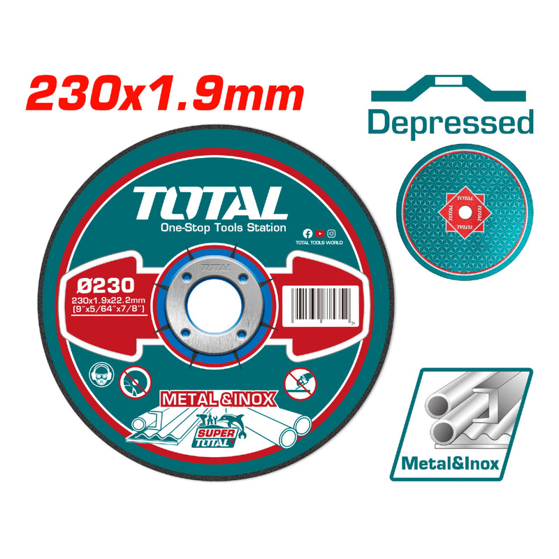 Disco corte 9" metal y acero inoxidable 230 mm( 9 ")X1.9 mm(5/64")X22.2 mm(7/8")  Concavo. (1 pza)