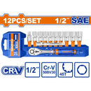 Dados socket 1/2" 12 pzs con ratchet. CR-V. 45 dientes. (Socket, barra de extensión) Medida SAE.Cromado (Set)