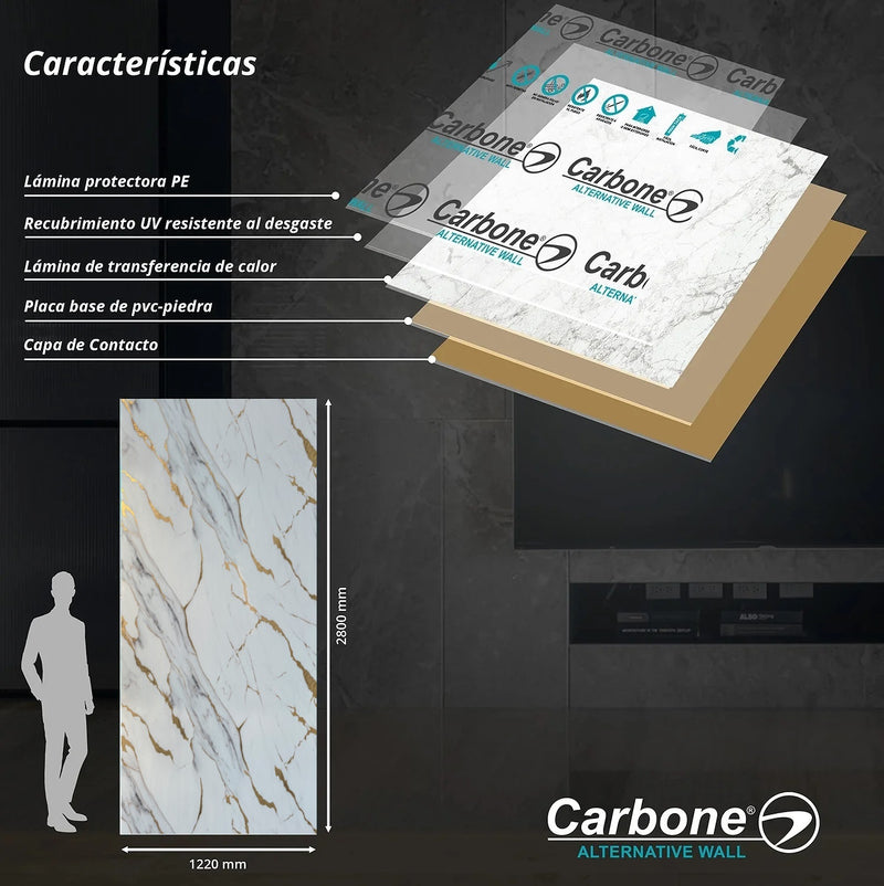 Panel Decorativo Mármol PVC  1.22 m x 2.80 m x 3 mm Marmol Calacatta Dorado