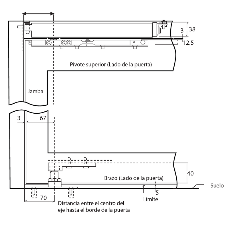 Cierrapuerta oculta superior. 100kg max puertas 0.95m x 2.1 m
