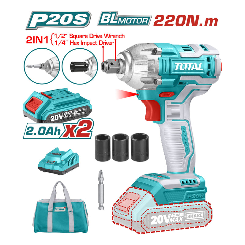 Llave de Impacto  1/2" DE DADOS Y PUNTAS HEXAGONALES 2 EN 1 20V TOTAL 220Nm. 2300rpm 3300bpm. Incluye batería y cargador.