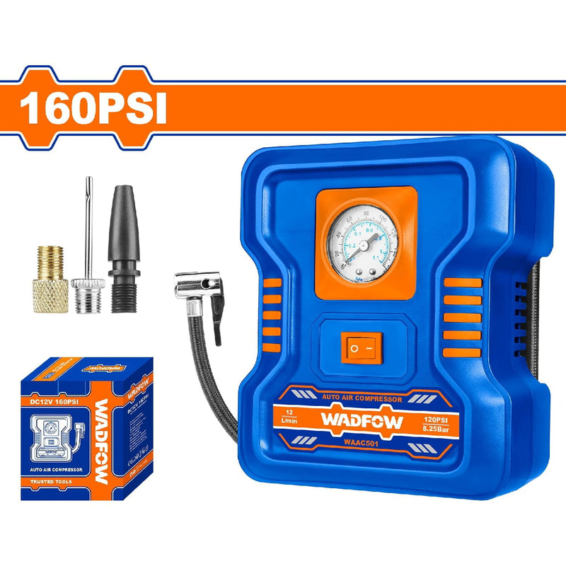 Compresor de aire automático 12V 160PSI. Flujo de aire: 9L. Incluye: Adaptadores variados