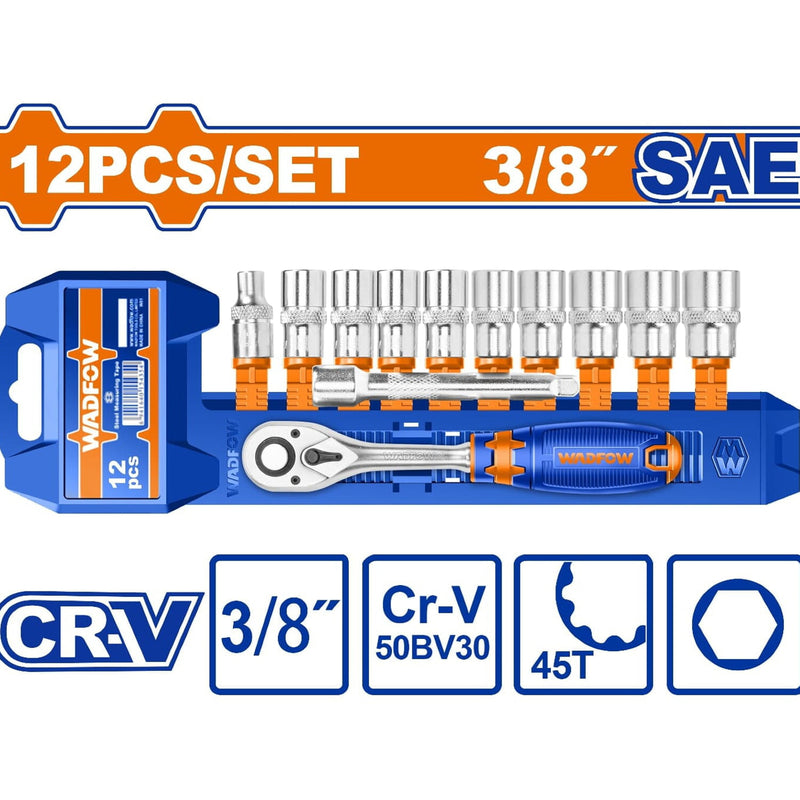 Dados socket ratchet 3/8" 12 pzs. CR-V. 45 dientes. (Socket, barra de extensión) Medida SAE.Cromado (Set)