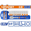 Dados socket ratchet 3/8" 12 pzs. CR-V. 45 dientes. (Socket, barra de extensión) Medida SAE.Cromado (Set)